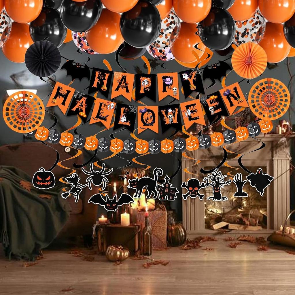 Happy Halloween Trick or Treat Banner Paper Fan Balloons & Swirl Streamers Goul Bat Cat Bird Ghost Pumpkin Lantern for Party Decorations