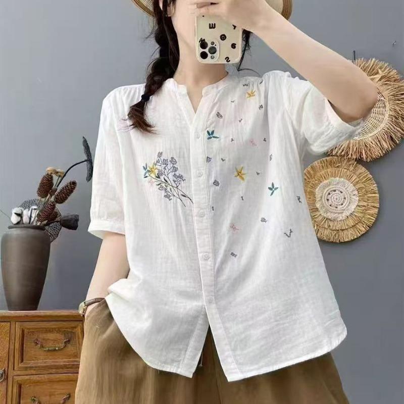 Новая хлопково-льняная двухслойная рубашка с пятидюймовым рукавом, вышитая китайская рубашка, свободный топ в национальном стиле M белый