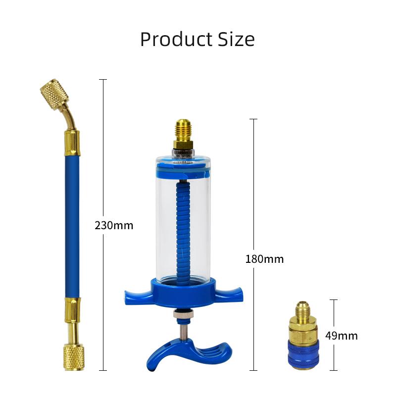 Auto A/C Oil/Dye Injector 50ml with r134a Low Side Quick Coupler Adapter 1/4 Air Conditioning Manual Oiler Injection Repair Tool