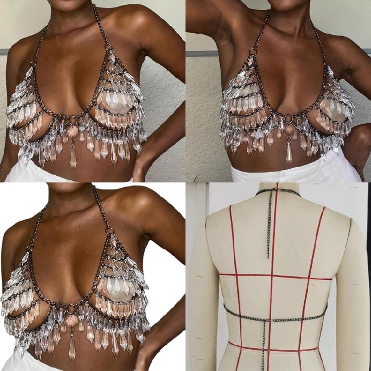 Acryl Edelsteine Brustketten Bikini BH für Musikfestivals Damen Mehrschichtiger Körperschmuck Kristall Camisole Crop Top