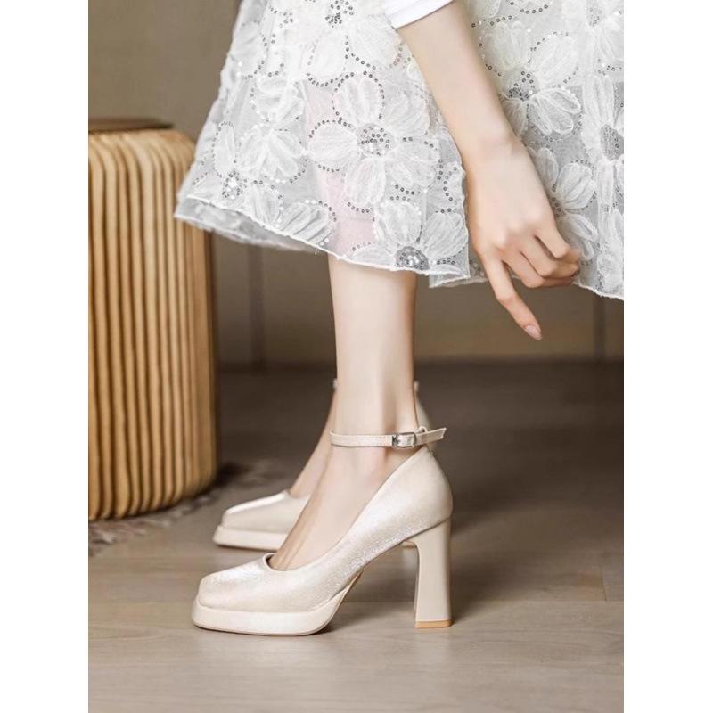 Off-White Satin Platform Mary Jane Heels with Square Toe for Spring/Summer Weddings