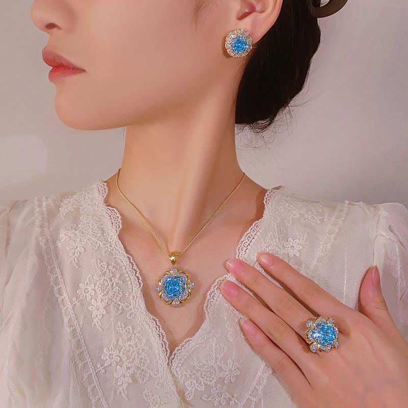 Jewelry Copper Bottom Gold-Plated Simulation Sea Blue Retro Brushed Light Luxury Suit Women 16-14M
