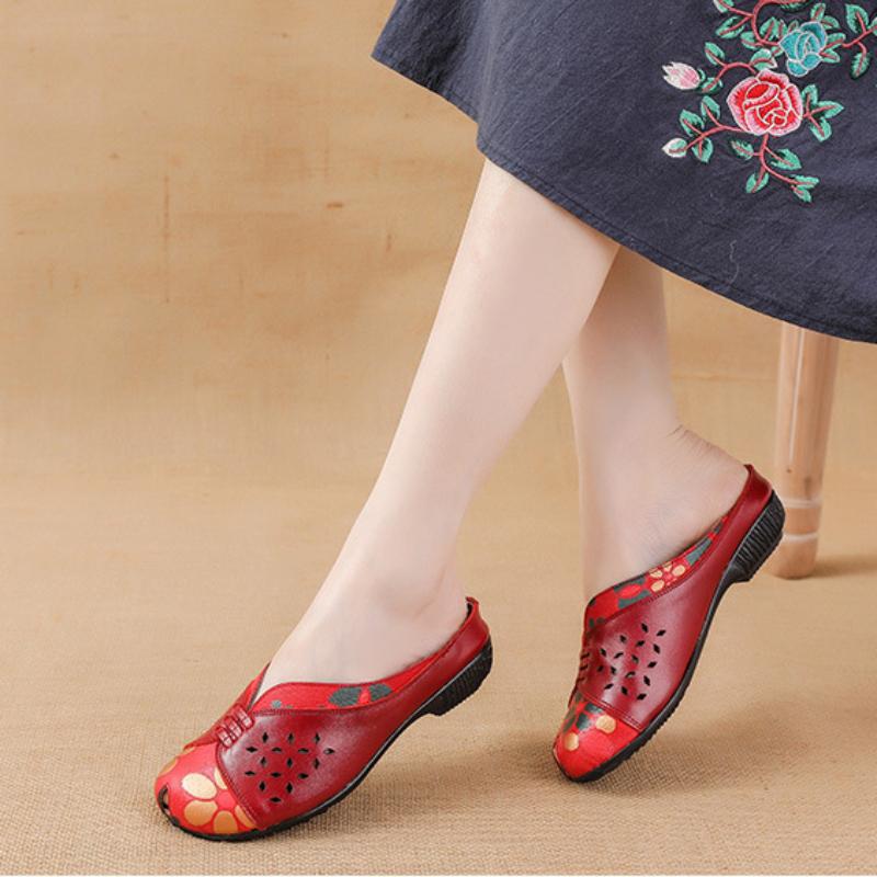 Johnature Ethnic Style Printed Genuine Leather Outdoor Slides Women Versatile Handmade Low Heeled Slippers