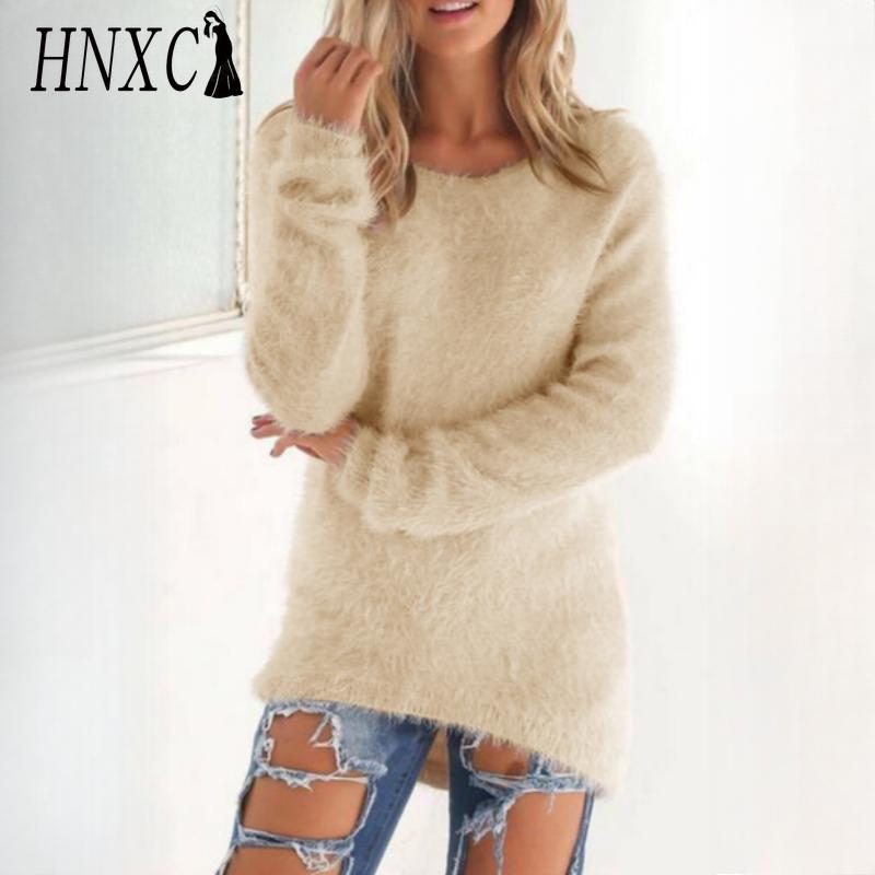 HNXC Women's Fashion Casual Solid Color Print Autumn Winter Long Sleeve O-Neck Loose Sweaters