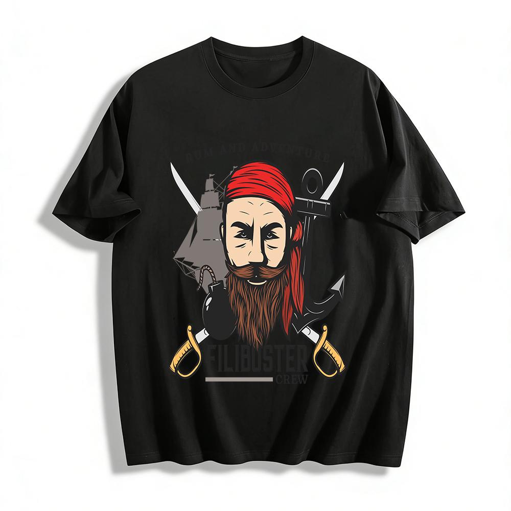 

Vintage Pirate Themed Tee Rum & Adventure Filibuster Crew Print Top Pure cotton T-shirt XXS