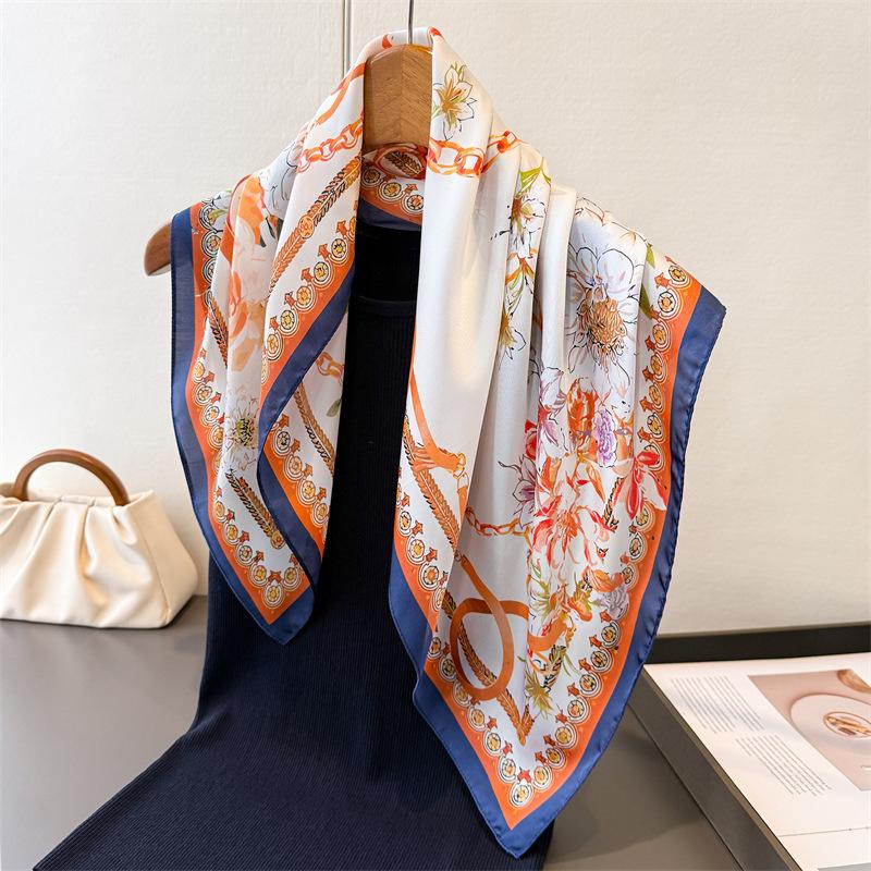 Summer Sunscreen Flowers Print 70Cm Square Beach Silk Scarf Casual Women Headband Bandana Hair Scarves Shawl Bag Handle Ribbon