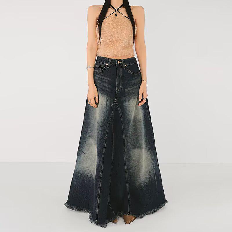 Women's Washed Fishtail Denim Skirt: Distressed High-Waist, Split Design, Raw Edge, Slimming, Long Skirt (2026 New).