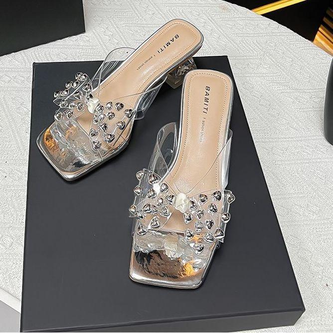 

Fashion 2025 Spring And Summer Pointy Stiletto Heels Wearing Slippers Transparent Female Sandals 40 серебряный