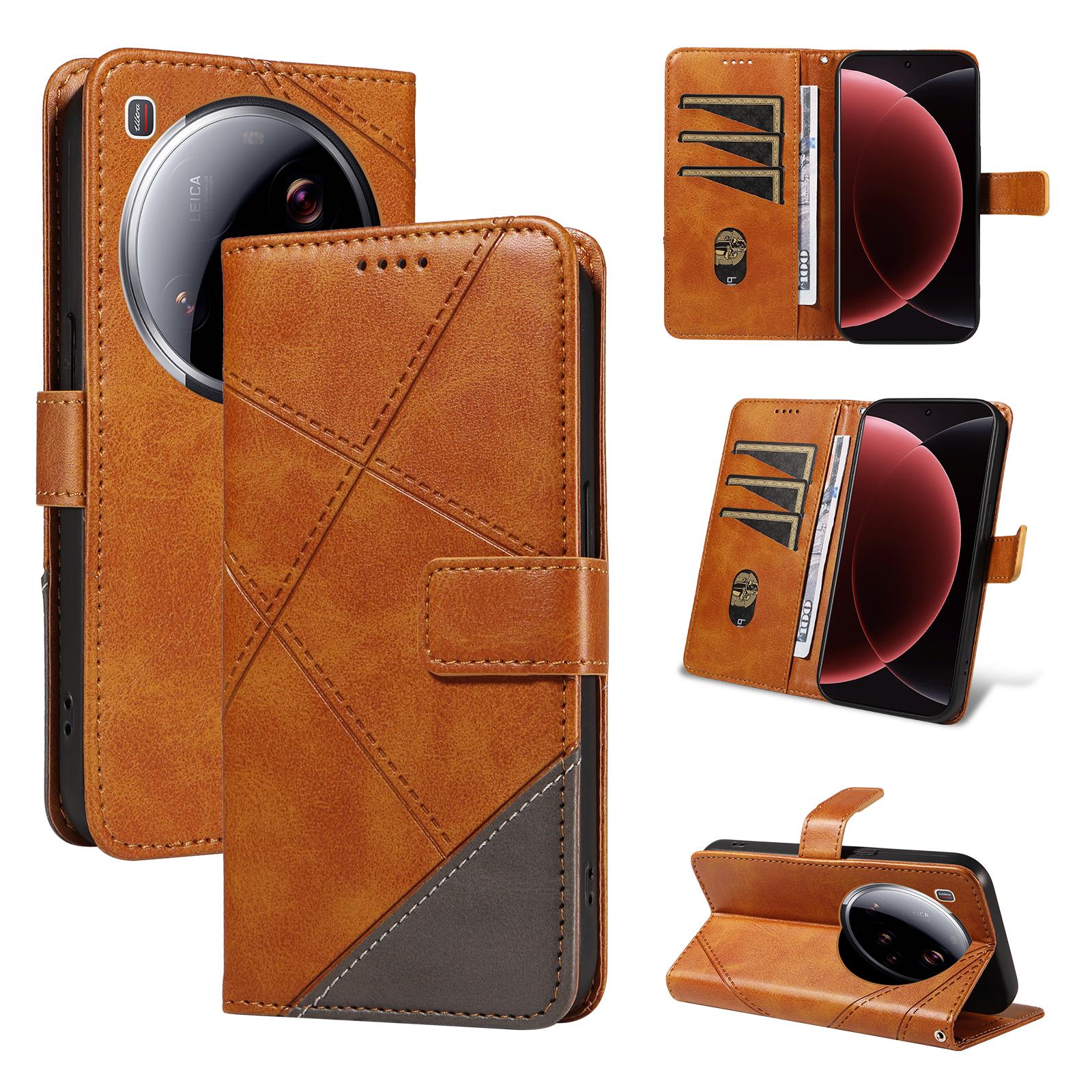 

For Xiaomi 15 Ultra Leather Case Geometric Line Design Wallet Phone Cover with Wrist Strap Brown