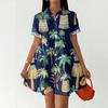Women Casual Loose Fit Button Front Dress Shirt Dress with Stand Collar Short Sleeve Hawaiian Print Summer Dress