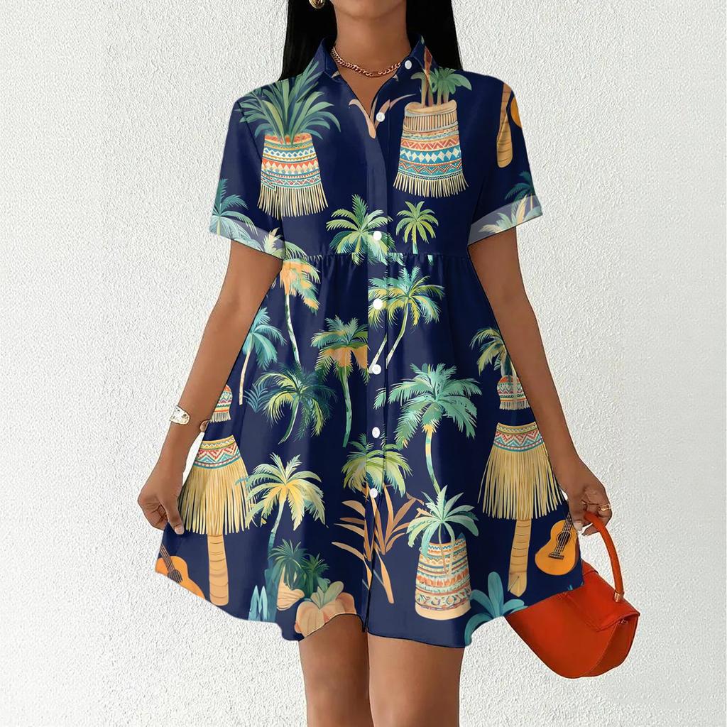 Women Casual Loose Fit Button Front Dress Shirt Dress with Stand Collar Short Sleeve Hawaiian Print Summer Dress