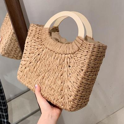 Zomer Stro Tas Voor Vrouwen Houten Handvat Strandtas Gevlochten Handgemaakte Handtas Boheemse Stijl Top-handvat Tas