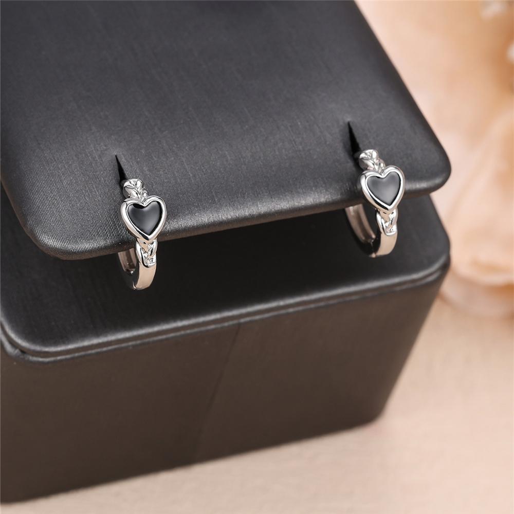 Charm Female Black Enamel Cute Love Heart Hoop Earrings Silver Color Simple Wedding Jewelry For Women