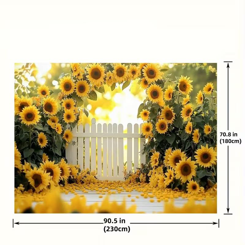 2D Sonnenblumenbogen Kulisse, Heller Sonnenblumengarten mit Zaun Hintergrund für Hochzeits- & Geburtstagsveranstaltungen