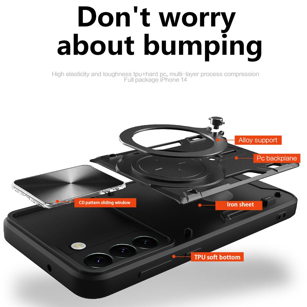 For Samsung Galaxy S22 5G Rotatable Kickstand Back Cover PC+TPU Phone Case with Slide Camera Lid