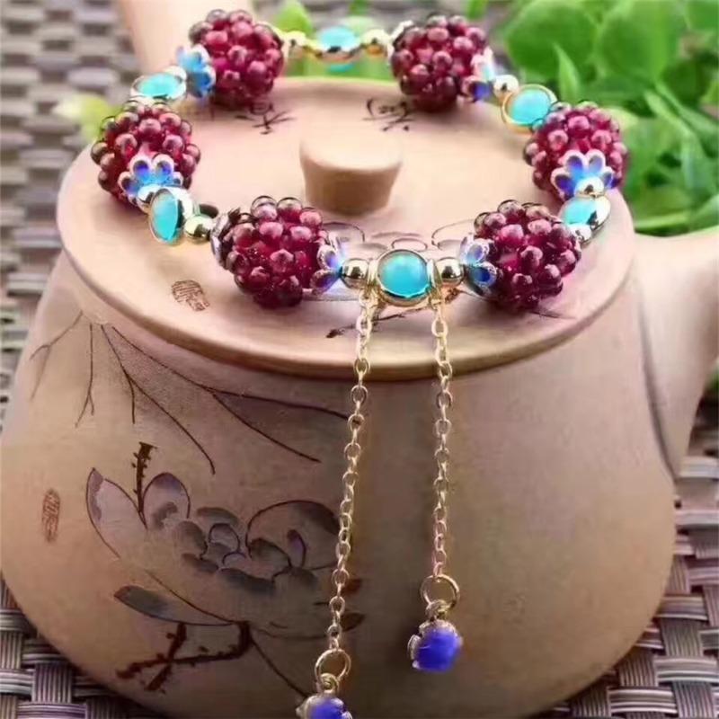 Natural garnet bracelet, multi-circle fashion pomegranate jewelry, garnet grape tourmaline woven exquisite ball