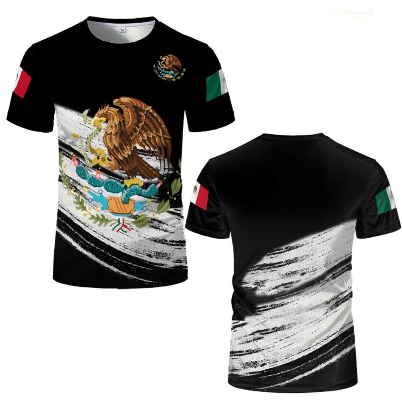 Mexican Flag National Emblem 3D Printed T-shirts Street Wear Oversized Round Neck Short-sleeved Men's T-shirts