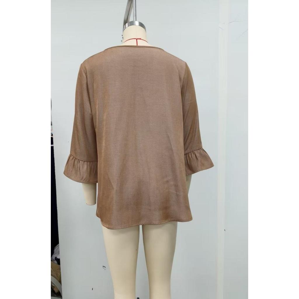 Spring Summer Casual Women's Crew Neck T-shirt Flounce Sleeve 3/4 Sleeve Top