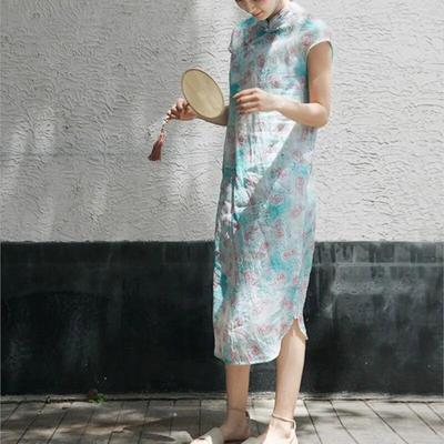 Abito da Donna Stile Cinese Collo Alto Manica Corta Stampa Floreale Estivo A-line Vintage Bottoni
