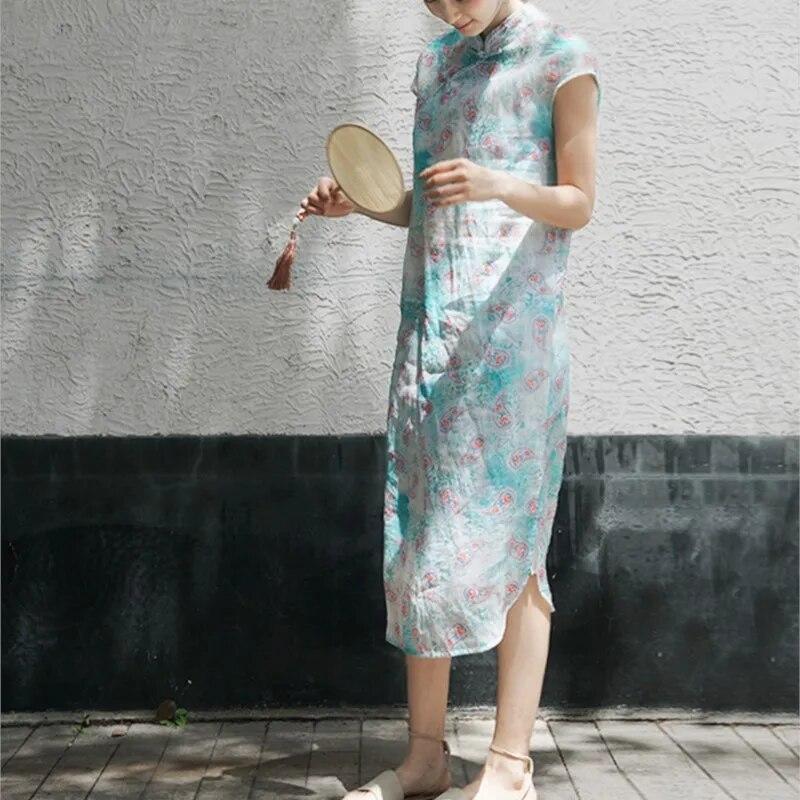 Johnature Women Chinese Style Dress Stand Short Sleeve Print Floral Summer A-Line Vintage Button Dress