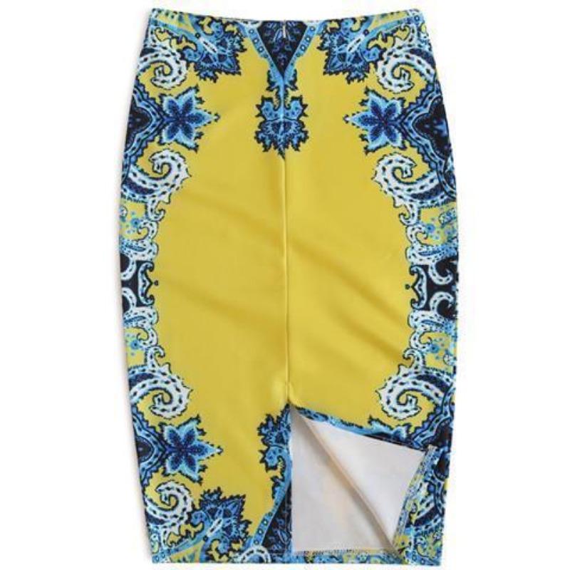 Summer Cartoon Print Elegant Pencil Skirt Women Bodycon High Waist Knee Length Skirt Female