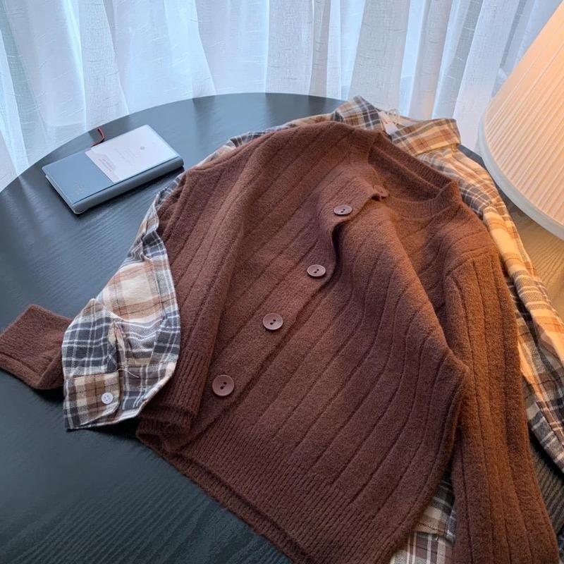 

Колледж Стиль Пуговица свитер Кардиган Короткий Топ Женский Свободный Вертикальные Полоски Тонкий Трикотажный Свитер Пальто M коричневый