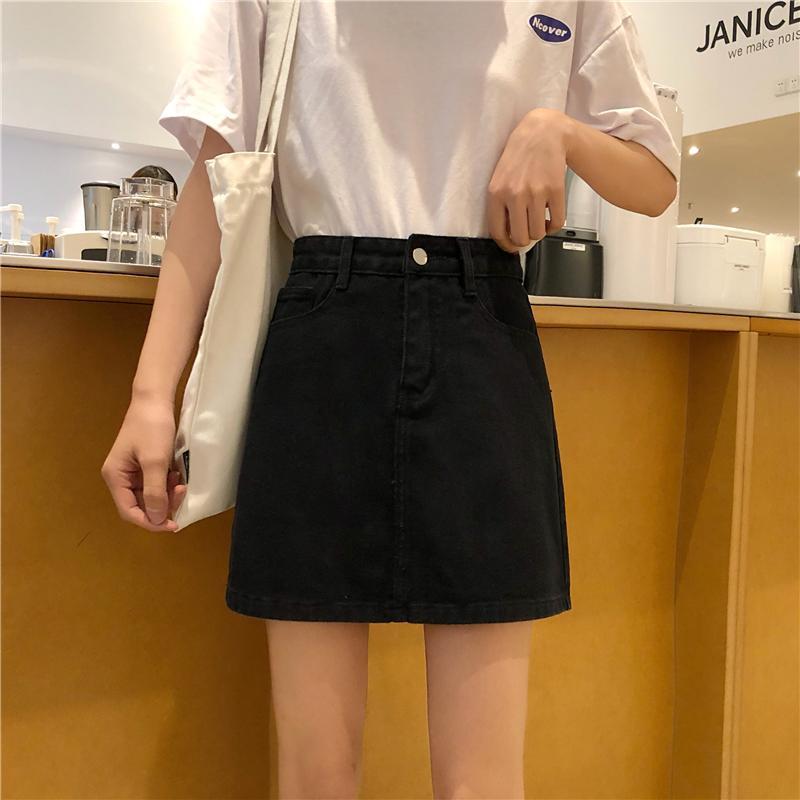 Women s High Waist Denim Skirt A Line Mini Skirt Solid Color Button Detail Casual Office Short Skirt S