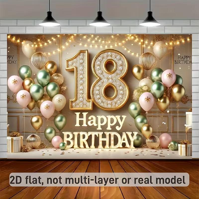 2D Flat Print Beige Gold 18th Birthday Tapestry Backdrop with String Lights
