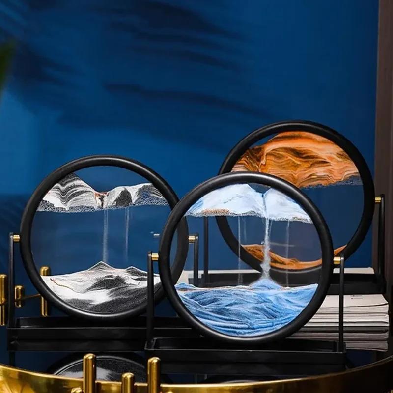 Roterbar Flödande Sandmålning Konstbild Rund Glas Timglas 3D Djuphav Kvicksand Modern Hemdekoration Färgat Timglas