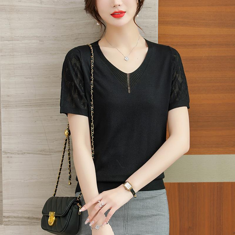 Sommer dünnes V-Ausschnitt Spitze elegantes Damen T-Shirt Allround
