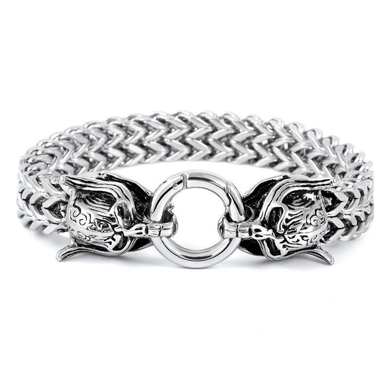 Men's Stainless Steel Viking Wolf Head Chain Bracelet - Vintage Style