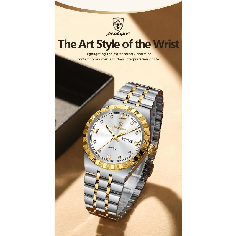 POEDAGAR Luxury Business Male Watch Waterproof Luminous Week Date Wristwatch Stainless Steel Trendy Quartz Watches for Men