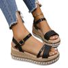 Spring and summer new rivet glossy wedge sandals women's one-word with buckle muffin thick-soled large-size women's sandals