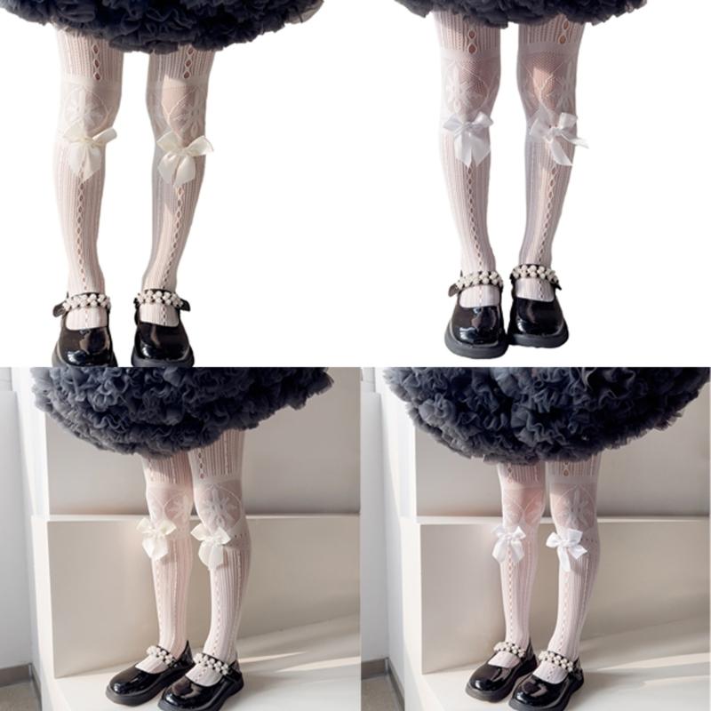 Fashion Fishnet Leggings for Girls Large Bowknot Tights Hollowout Stockings Kids Pantyhose for Summer Spring Dresses