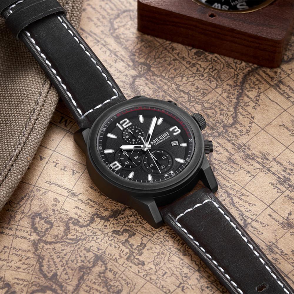 Megir Chronogragph Luksusmerke Kvarts Herreklokker Mote Skinn Sportsklokke Herre Luminous Army Militære armbåndsur