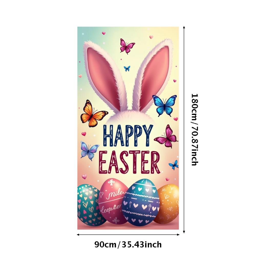 Happy Easter Banner Bunny Ears With Colorful Eggs Butterflies Backdrop Decorations Spring Celebration Background Party Supplies