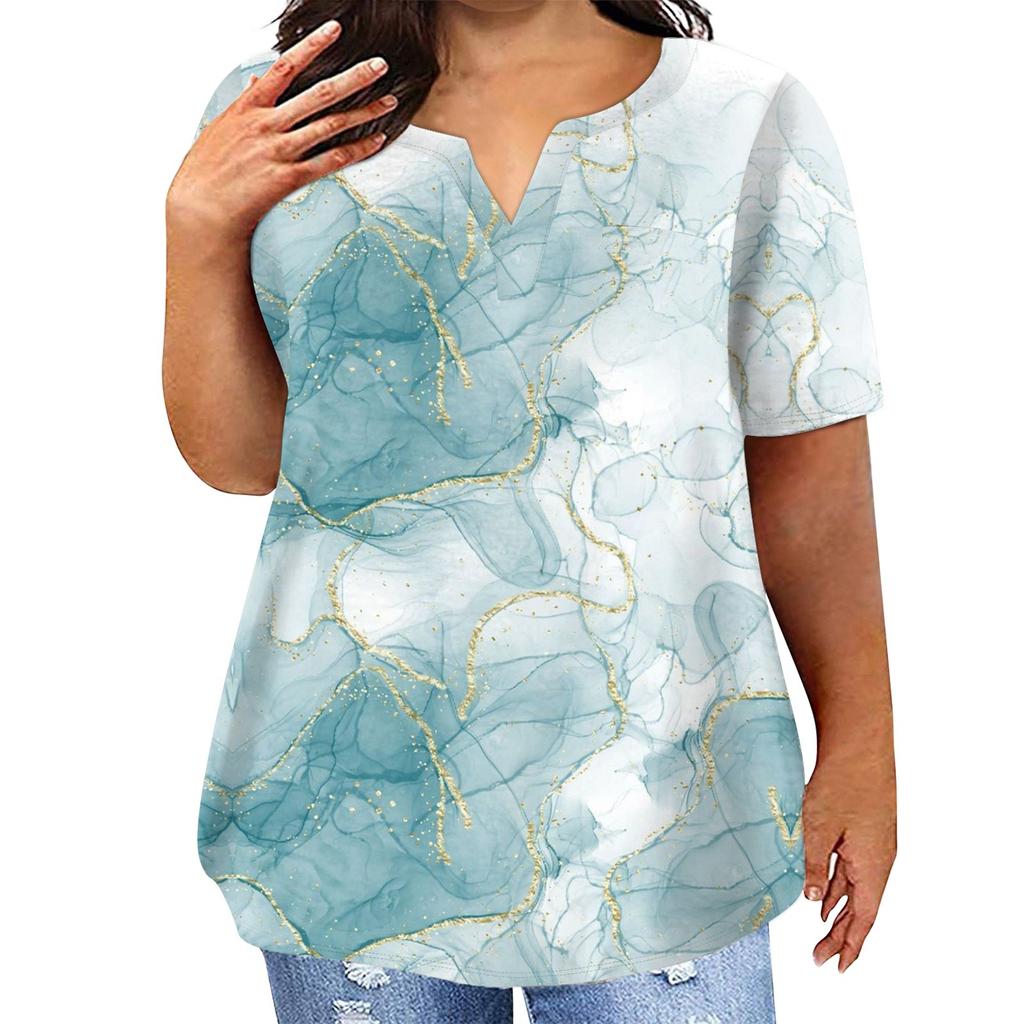 T-shirt décontracté à manches courtes et col en V pour femme, grande taille, imprimé tie-dye, avec poches