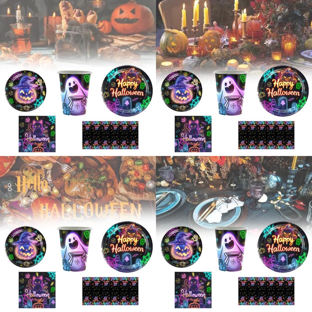 Bright Halloween Glow Disposable Party Supplies Set For 12 Featuring Paper Plates Cups Napkins And Tablecloth