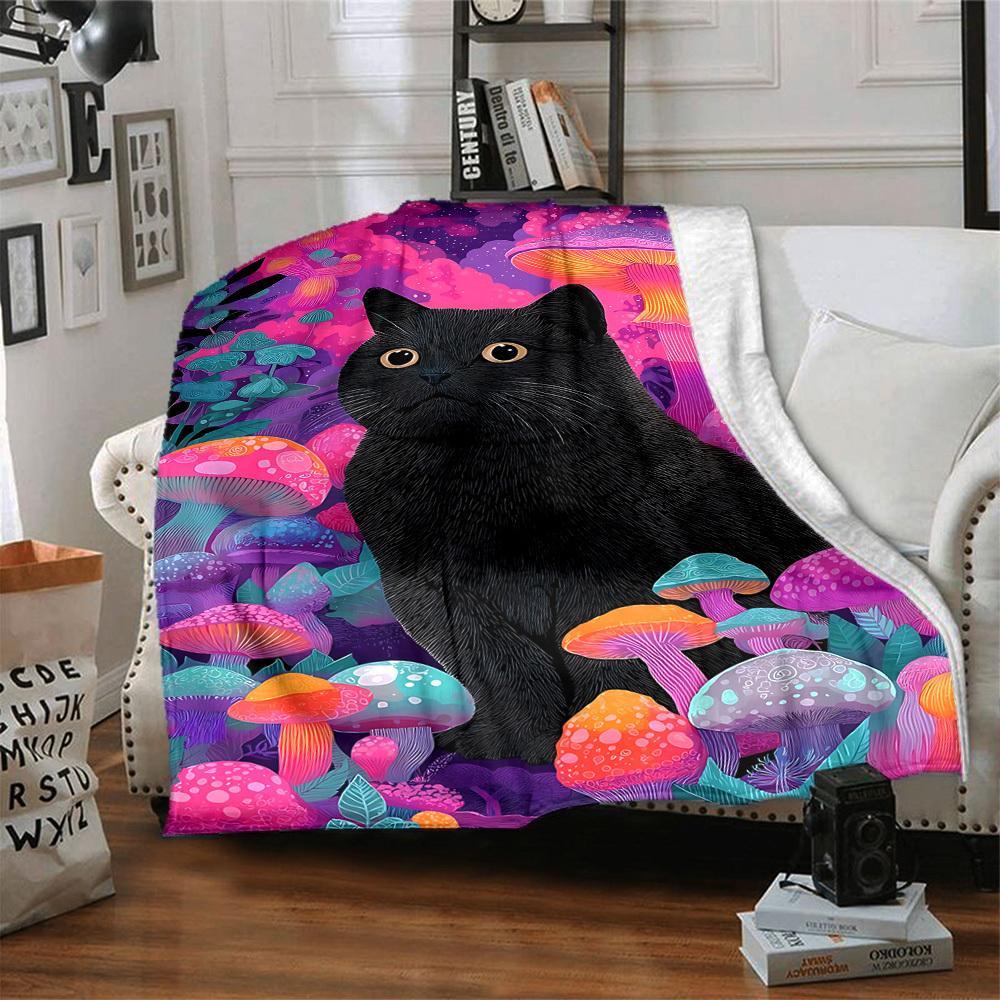 1pc Mushroom Fantasy Cat Blanket, Lightweight Flannel Throw Blanket For Sofa, Bed, Travel, Camping, Living Room, Office, Couch, Chair, And Bed