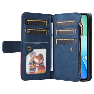 Kožené pouzdro pro Xiaomi Redmi 13 5G/13 4G/Note 13R 5G s popruhem, zipem, 9 sloty na karty, kryt na telefon, stojánek