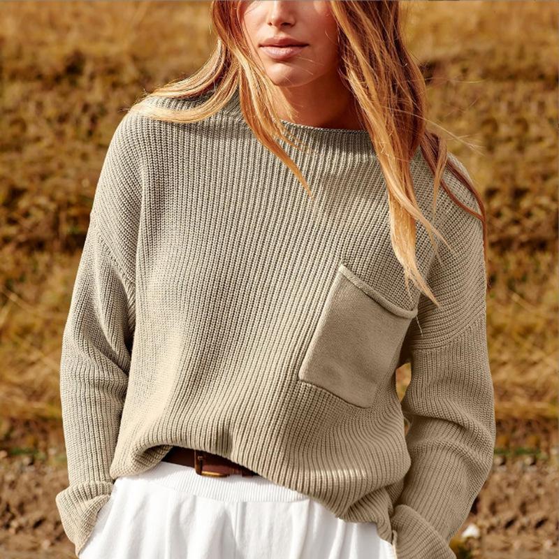 Women Loose Round Neck Long Sleeve Pocket Lazy Style Knitted Sweater