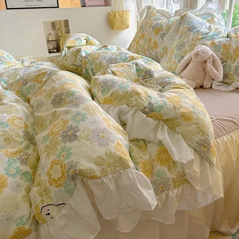 Small Fresh Pure Cotton Four-piece Set Lace Korean Version Princess Style Washed Cotton Bed Skirt Quilt Cover Cream Style Bedding