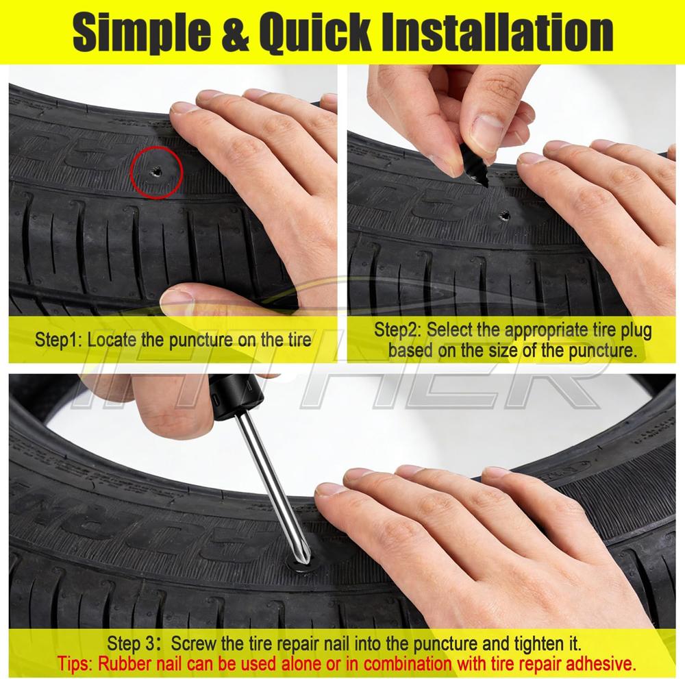 60PCS Tire Plugs Screw Type Tire Repair Screws Rubber Nail Kit Fast Self-Service Screw Tire Plug Kit for Tires Car Motorcycle