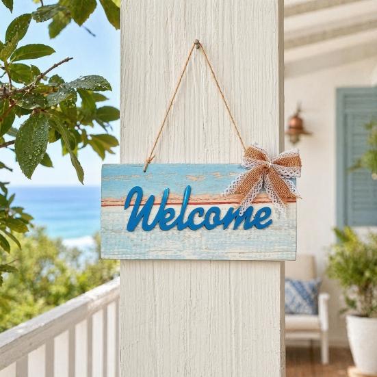 Yangyizhi Welcome Decorative Sign, Wooden Mediterranean Retro Style Wall Mounted Door Sign for Indoor Outdoor Use