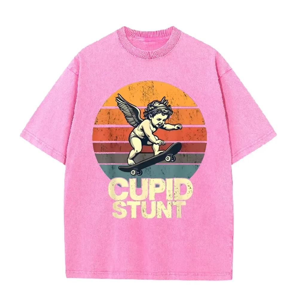 T-shirt Oversize Délavé Acide Graphique Skate Rétro Beige « Cupid Stunt »