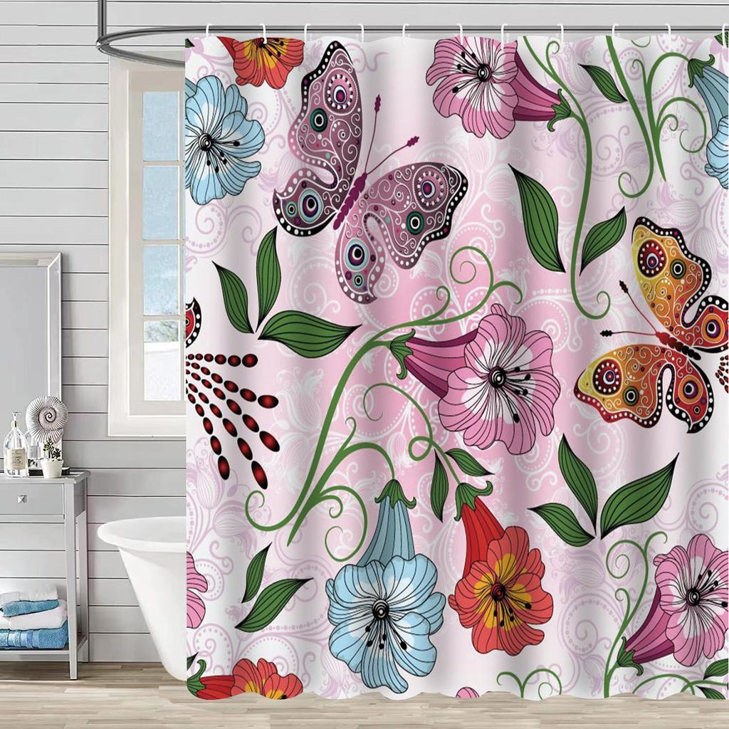 European Flowers, Birds, Plants Bath Curtains Waterproof Shower Curtain 3D Printing Bathroom Decoration with Hook Bath Screen