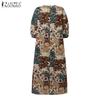 ZANZEA Women Summer Print Casual V-Neck Loose 3/4 Sleeve Long Dress