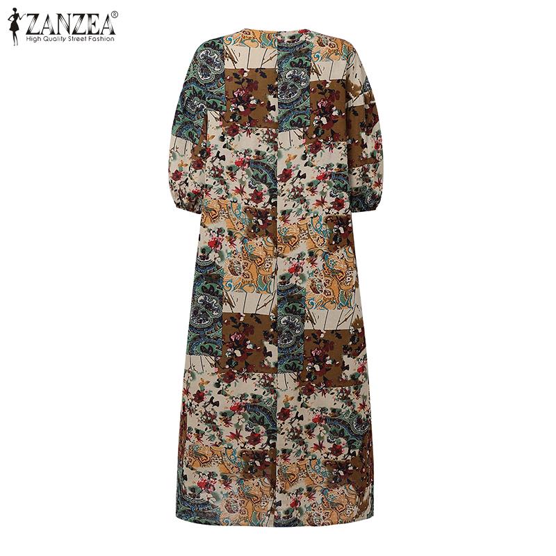 ZANZEA Women Summer Print Casual V-Neck Loose 3/4 Sleeve Long Dress