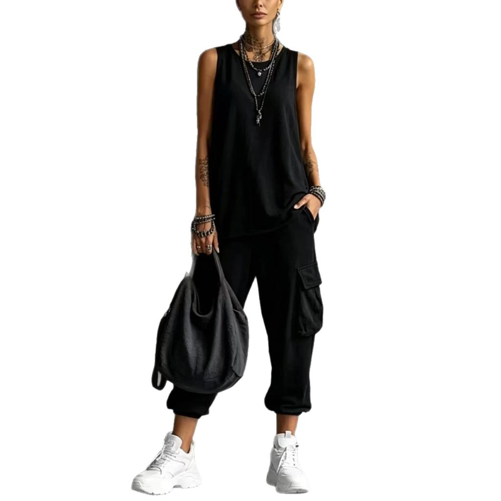 Women Solid Color Sleeveless Tank Top And Cargo Pants Two Piece Set Streetwear Casual Loose Fit Summer Outfit