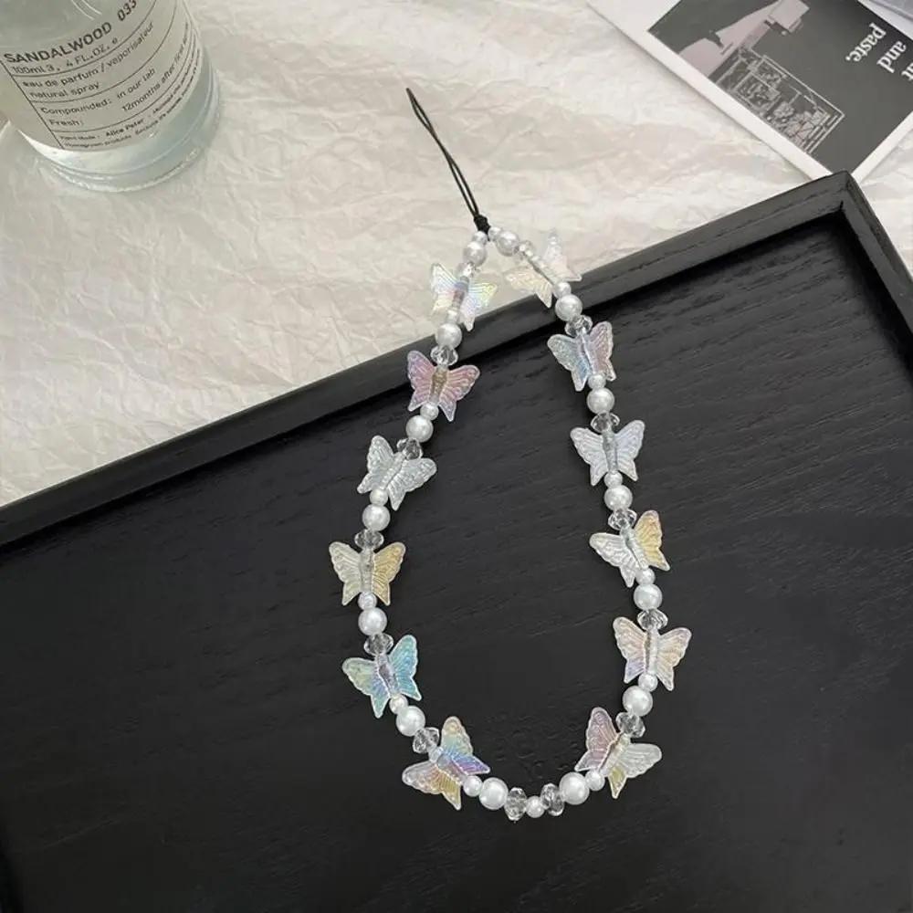 Butterfly Beaded Butterfly Cellphone Lanyard Anti-lost Crystal Clear Candy Colors Cellphone Keychain Sweet Kawaii